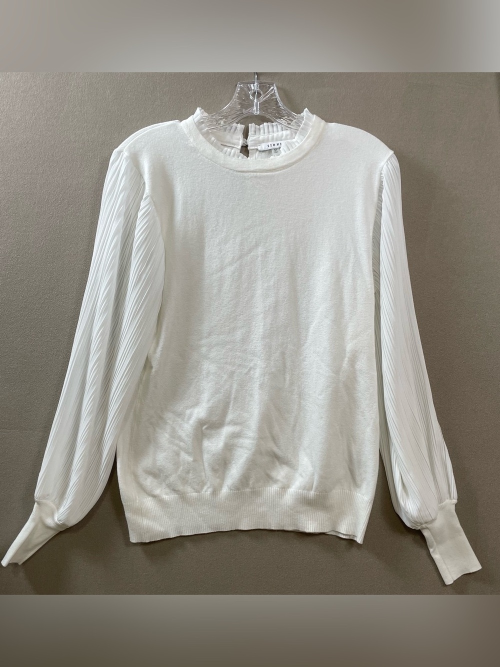 Sioni White Sheer Sleeve Sweater medium with balloon keyhole back